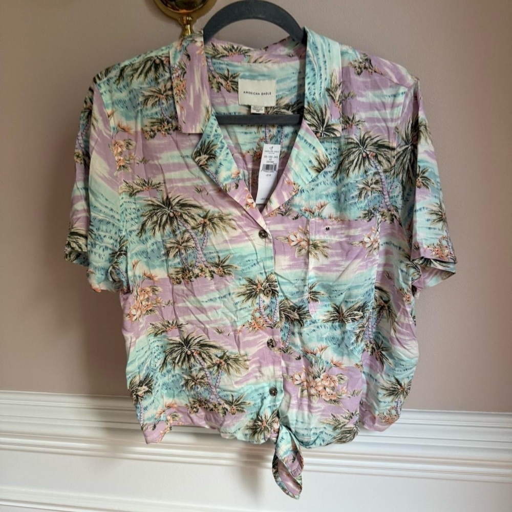 American Eagle Purple Blue Hawaiian Tropical Tie Front Button Up Shirt size M